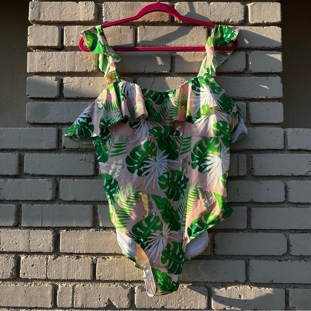 Disney Pink Green Monstera Rose Gold Mickey Tropical Ruffle Swimsuit - Size XXL